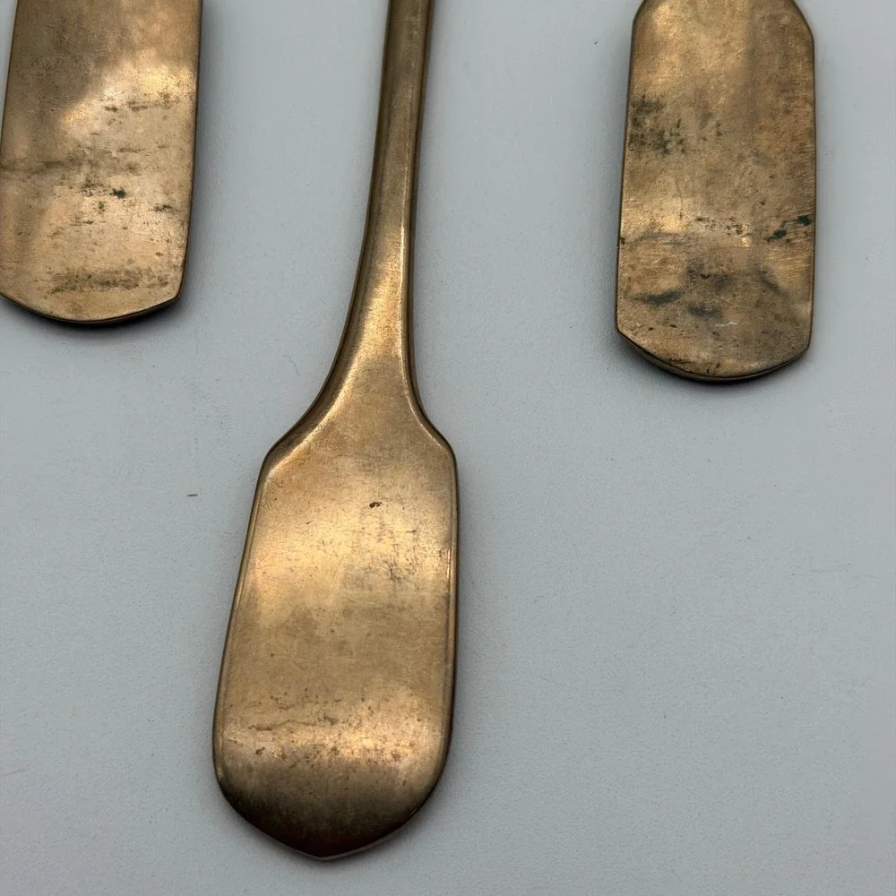 Vintage Bronze Brass Spoons Set of 5 Mid Century Modern Fiddle Handle Gold Tone